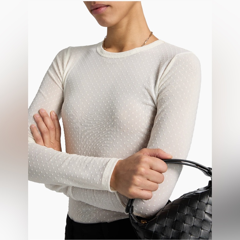 Frame The Mesh Polka Dot Top in Cream Off White S Sheer Cewneck Long Sleeve $278 - Picture 4 of 16